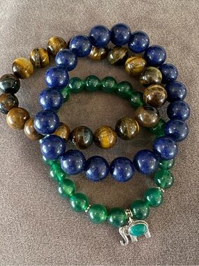 Beaded Gemstone Stretch Bracelet Stack of 3-Tiger’s Eye Lapis Lazuli Aventurine